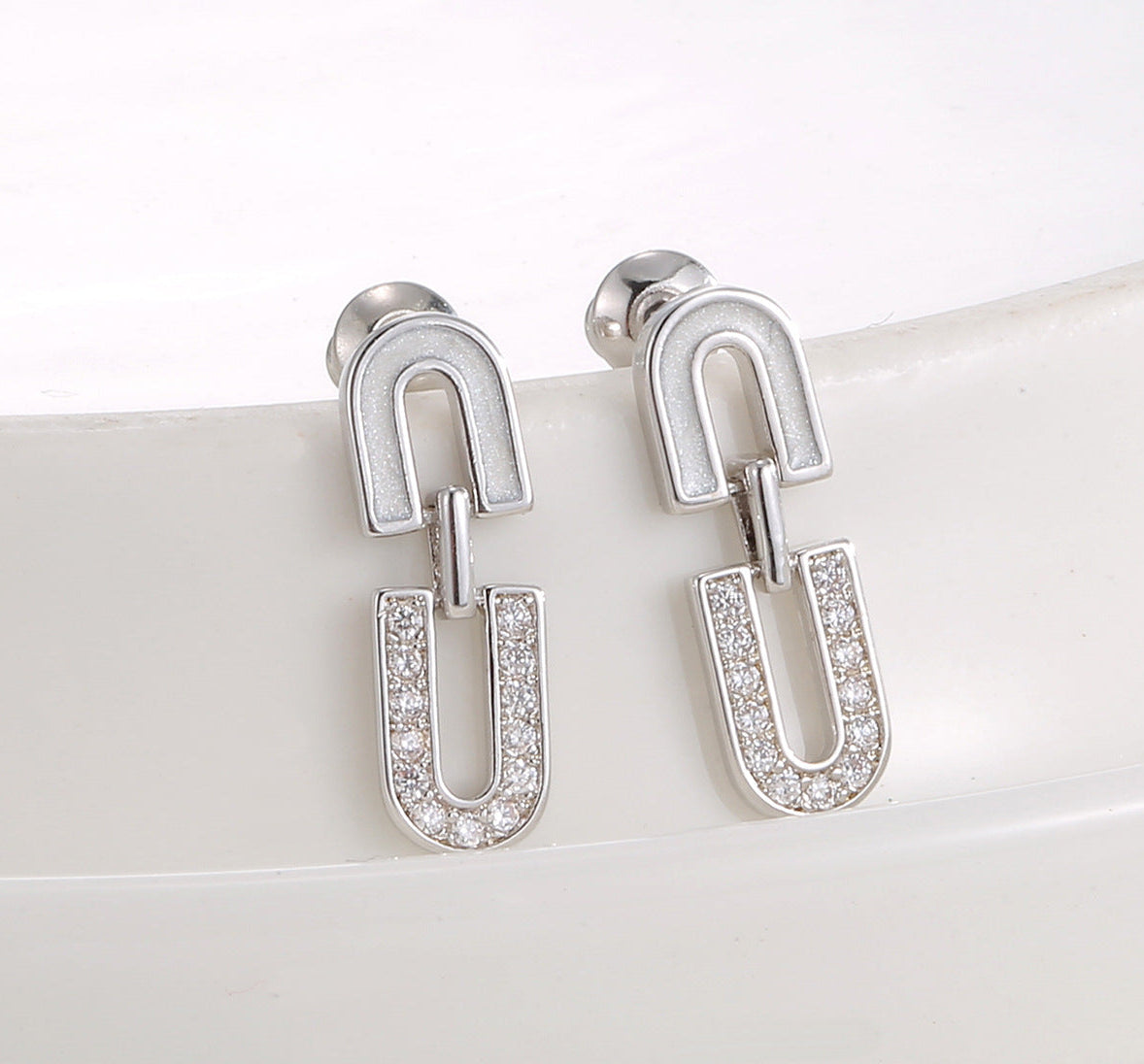 Mother of pearl and sparkling cubic zirconia U-shaped interlocking link stud drop earrings in 18k gold plated jewelry