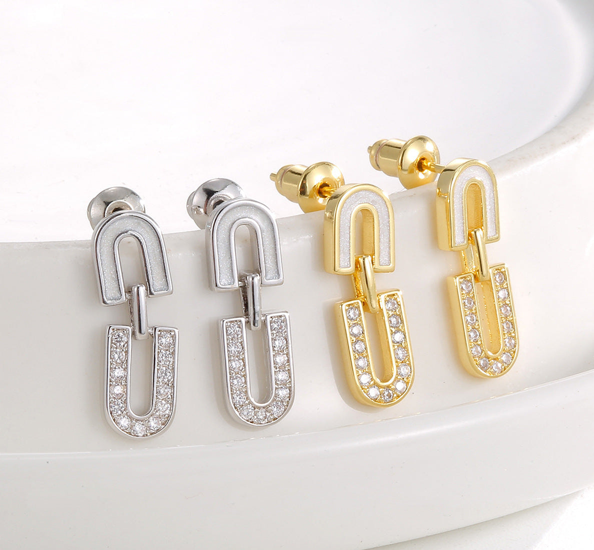 Mother of pearl and sparkling cubic zirconia U-shaped interlocking link stud drop earrings in 18k gold plated jewelry