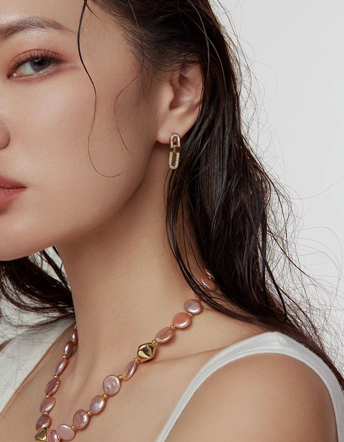 Mother of pearl and sparkling cubic zirconia U-shaped interlocking link stud drop earrings in 18k gold plated jewelry