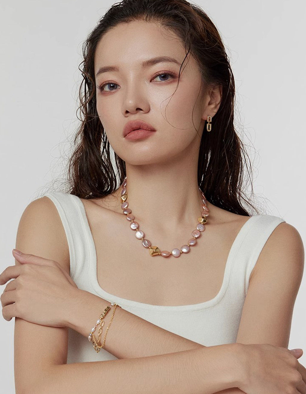 Mother of pearl and sparkling cubic zirconia U-shaped interlocking link stud drop earrings in 18k gold plated jewelry