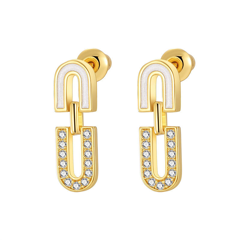 Mother of pearl and sparkling cubic zirconia U-shaped interlocking link stud drop earrings in 18k gold plated jewelry