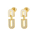 Mother of pearl and sparkling cubic zirconia U-shaped interlocking link stud drop earrings in 18k gold plated jewelry