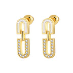 Mother of pearl and sparkling cubic zirconia U-shaped interlocking link stud drop earrings in 18k gold plated jewelry
