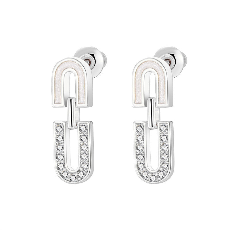 Mother of pearl and sparkling cubic zirconia U-shaped interlocking link stud drop earrings in 18k gold plated jewelry