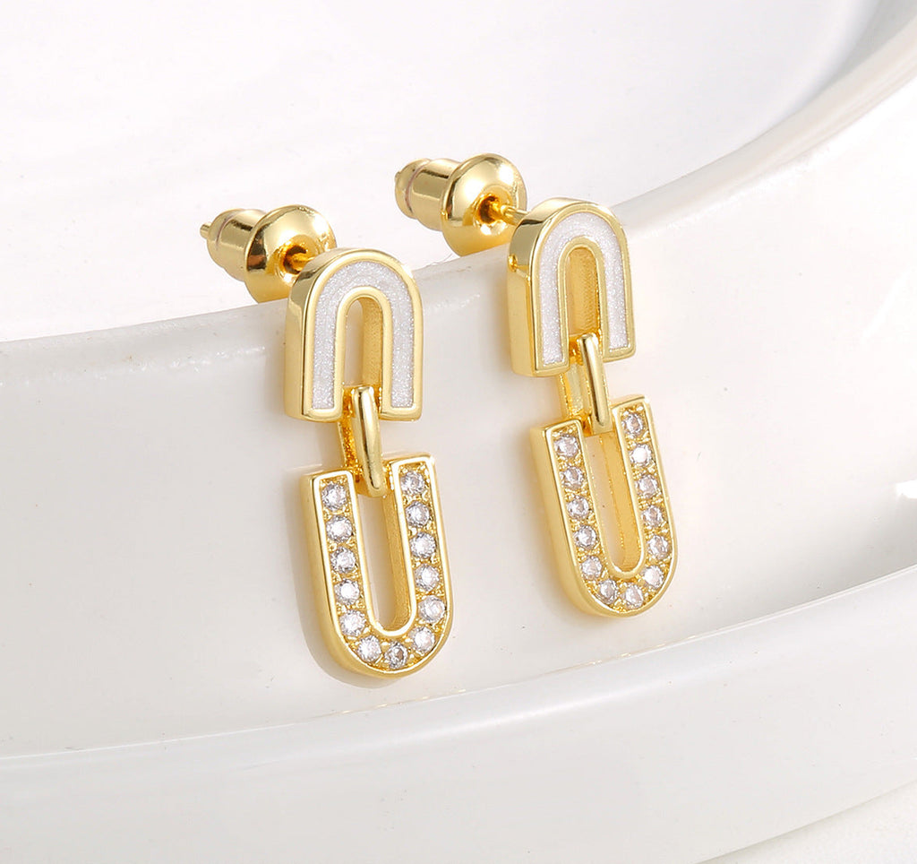 Mother of pearl and sparkling cubic zirconia U-shaped interlocking link stud drop earrings in 18k gold plated jewelry