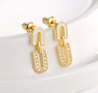 Mother of pearl and sparkling cubic zirconia U-shaped interlocking link stud drop earrings in 18k gold plated jewelry
