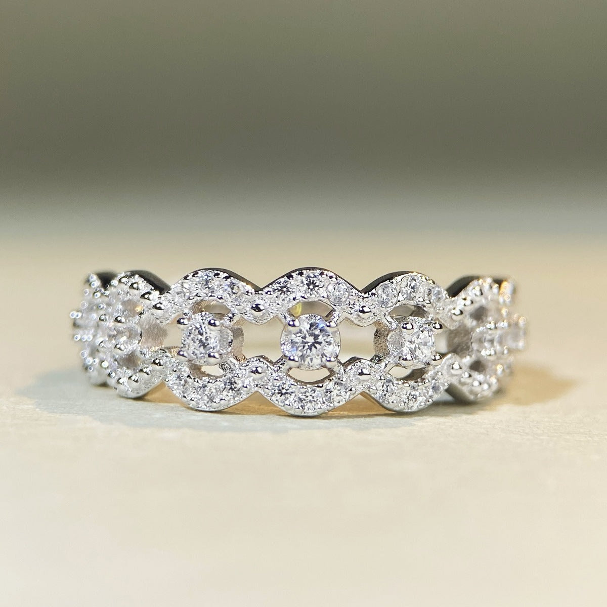 Luxurious Multi-Row Moissanite Pavé Statement Ring with a Solid Solid Polished Band and Full Brilliance
