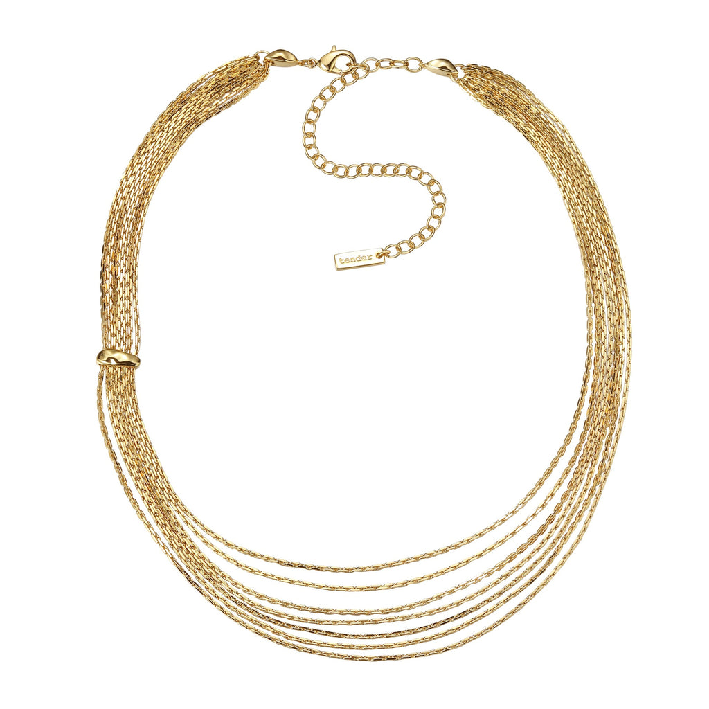 Multi-strand layered waterfall chain necklace with fluid gold sliding accent in 18k gold plated jewelry