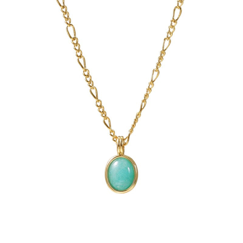 Natural amazonite oval pendant Figaro chain necklace in 18k gold plated waterproof stainless steel jewelry.