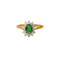 Oval emerald green cubic zirconia center stone framed by a sparkling clear cz crystal halo stainless steel jewelry ring in waterproof 18k gold plated finish.