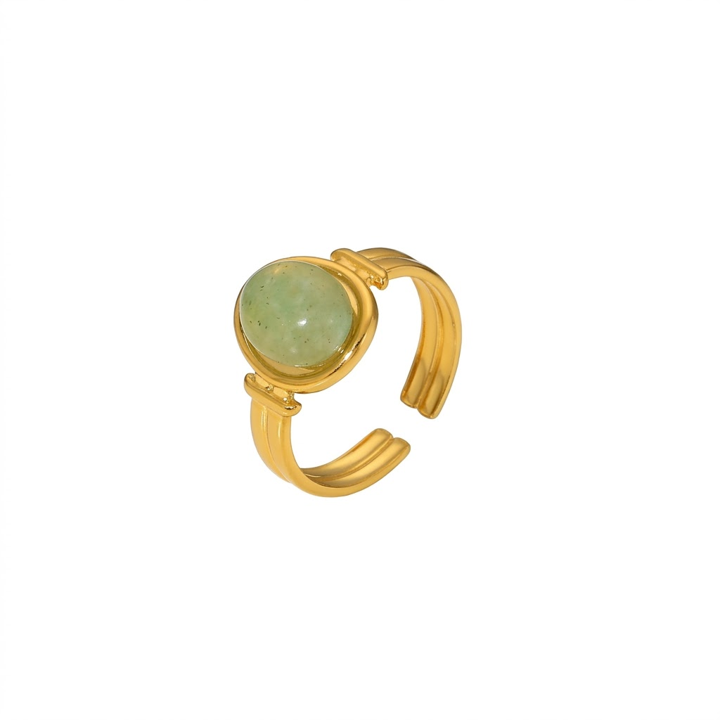 Oval light green cabochon aventurine jade stone open cuff adjustable band stainless steel jewelry ring in waterproof 18k gold plated finish.