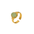Oval light green cabochon aventurine jade stone open cuff adjustable band stainless steel jewelry ring in waterproof 18k gold plated finish.