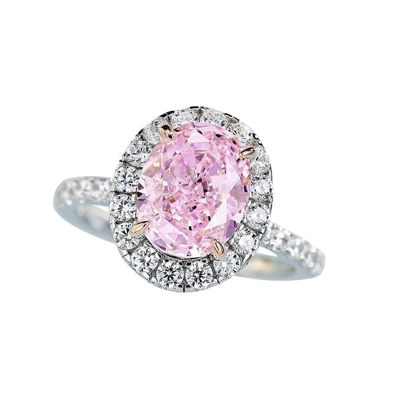 Large Pink Oval Zircon Solitaire Ring with Halo in White Gold Finish Statement Piece