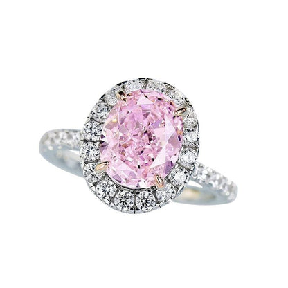 Large Pink Oval Zircon Solitaire Ring with Halo in White Gold Finish Statement Piece
