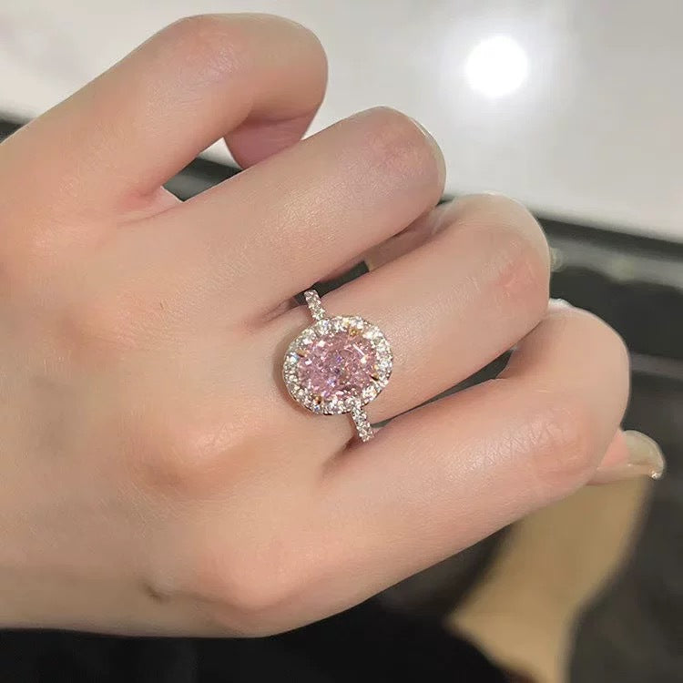 Large Pink Oval Zircon Solitaire Ring with Halo in White Gold Finish Statement Piece