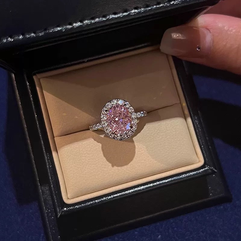 Large Pink Oval Zircon Solitaire Ring with Halo in White Gold Finish Statement Piece
