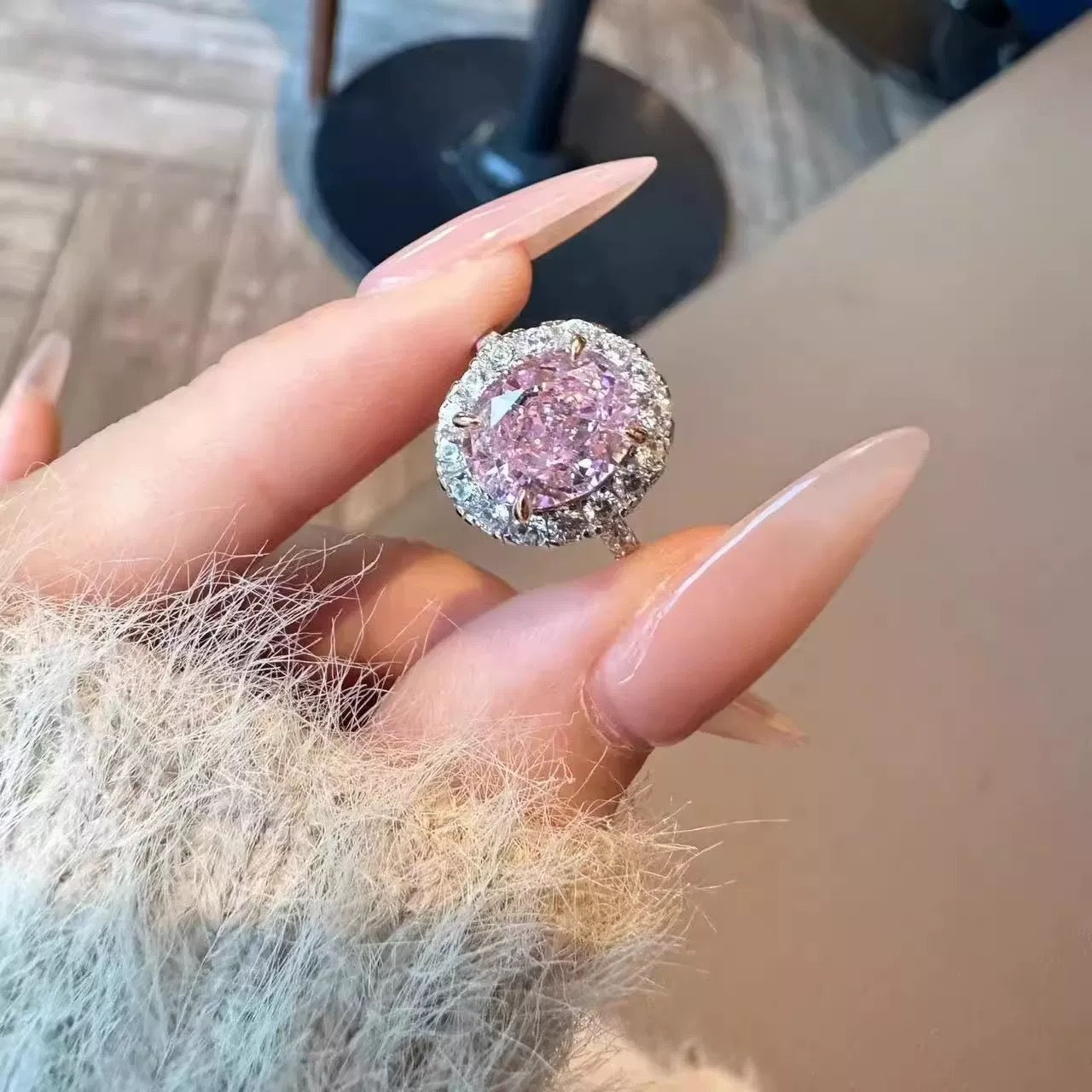 Large Pink Oval Zircon Solitaire Ring with Halo in White Gold Finish Statement Piece