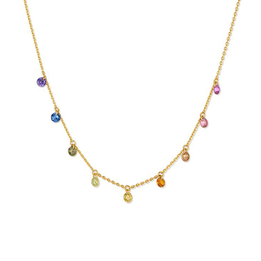 Rainbow Crystal Dangle Station Necklace in 18K Gold Plated