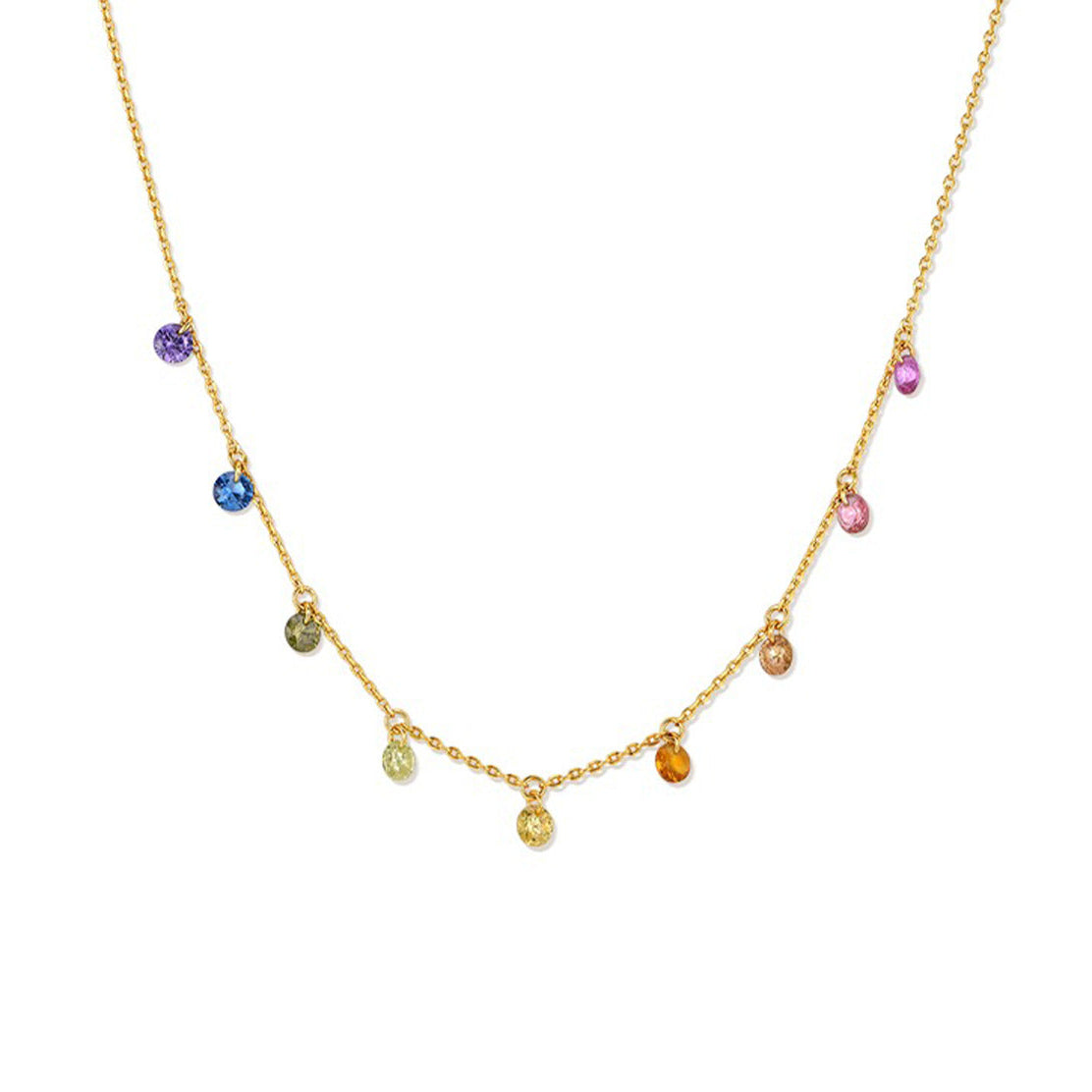 Rainbow Crystal Dangle Station Necklace in 18K Gold Plated