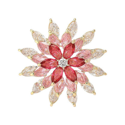 Sparkling rotating sunflower brooch featuring pink gradient marquise cubic zirconia stones in 18K gold plating