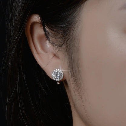S925 silver stud earrings featuring a 1ct moissanite center stone surrounded by a sparkling diamond halo