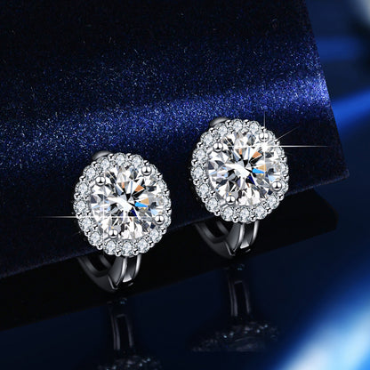 S925 silver stud earrings featuring a 1ct moissanite center stone surrounded by a sparkling diamond halo