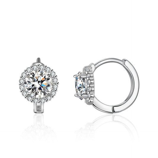 S925 silver stud earrings featuring a 1ct moissanite center stone surrounded by a sparkling diamond halo