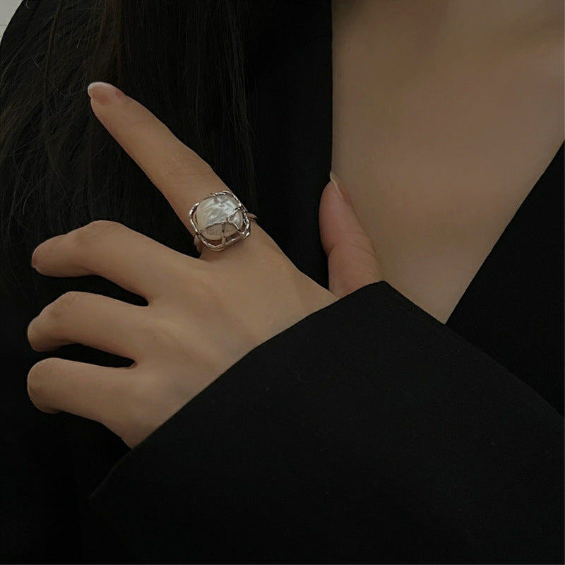 Unique S925 Sterling Silver Ring featuring a Natural Baroque Square Pearl in an Artistic Flowing Open Adjustable Band