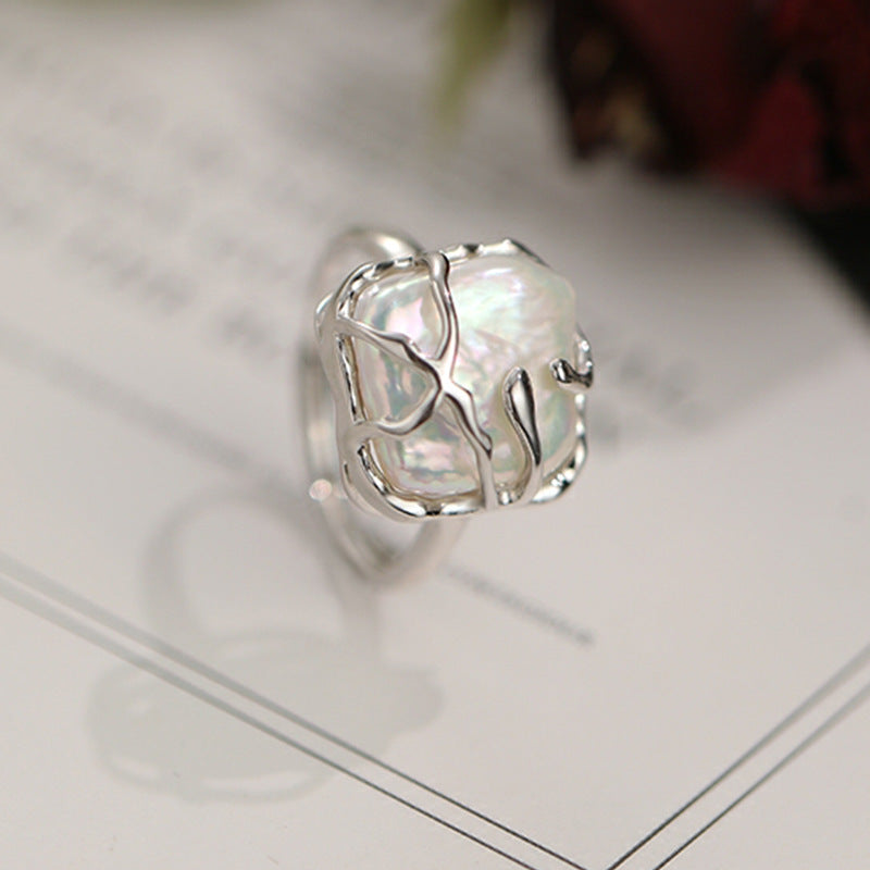 Unique S925 Sterling Silver Ring featuring a Natural Baroque Square Pearl in an Artistic Flowing Open Adjustable Band