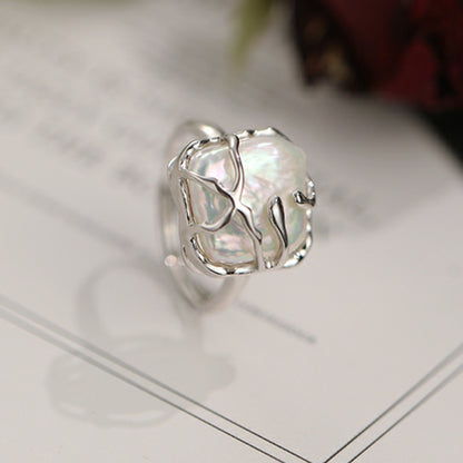 Unique S925 Sterling Silver Ring featuring a Natural Baroque Square Pearl in an Artistic Flowing Open Adjustable Band