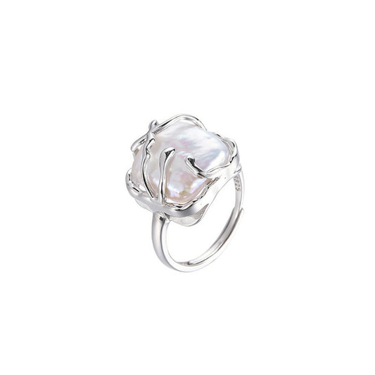 Unique S925 Sterling Silver Ring featuring a Natural Baroque Square Pearl in an Artistic Flowing Open Adjustable Band