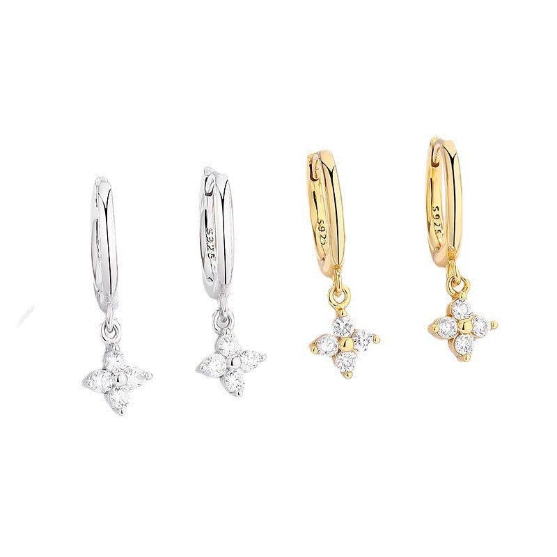 S925 silver four-leaf clover stud earrings featuring sparkling zirconia pave, available in gold and silver