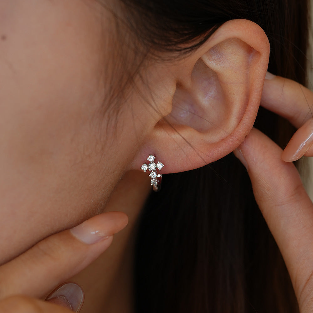 S925 silver cross stud earrings featuring a brilliant moissanite pave setting for a spiritual, elegant look