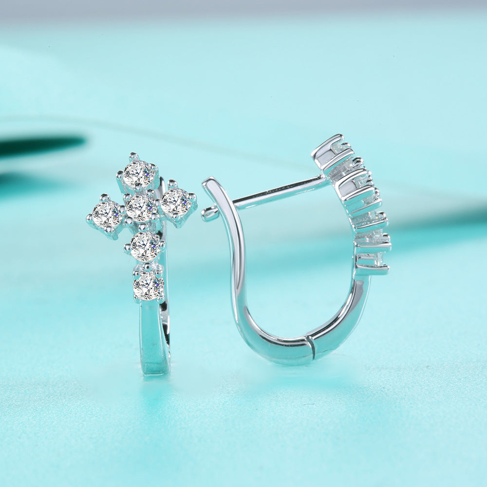 S925 silver cross stud earrings featuring a brilliant moissanite pave setting for a spiritual, elegant look