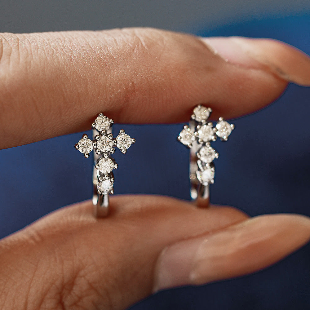 S925 silver cross stud earrings featuring a brilliant moissanite pave setting for a spiritual, elegant look