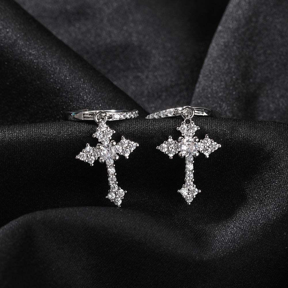 S925 silver cross stud earrings featuring sparkling zirconia pave, available in gold and silver finishe