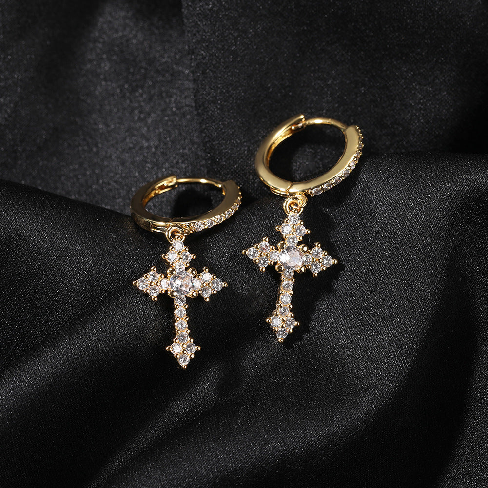 S925 silver cross stud earrings featuring sparkling zirconia pave, available in gold and silver finishe