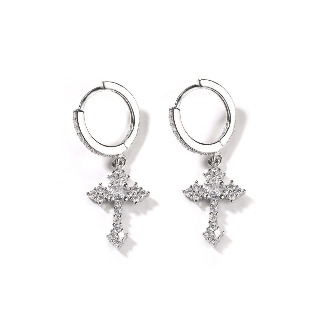 S925 silver cross stud earrings featuring sparkling zirconia pave, available in gold and silver finishes