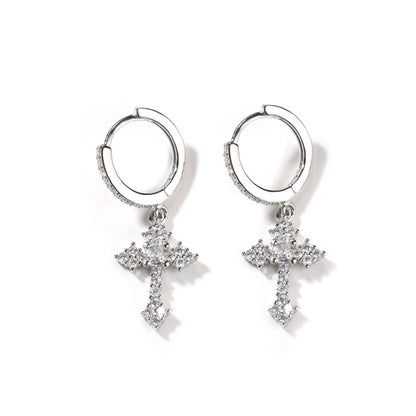 S925 silver cross stud earrings featuring sparkling zirconia pave, available in gold and silver finishes