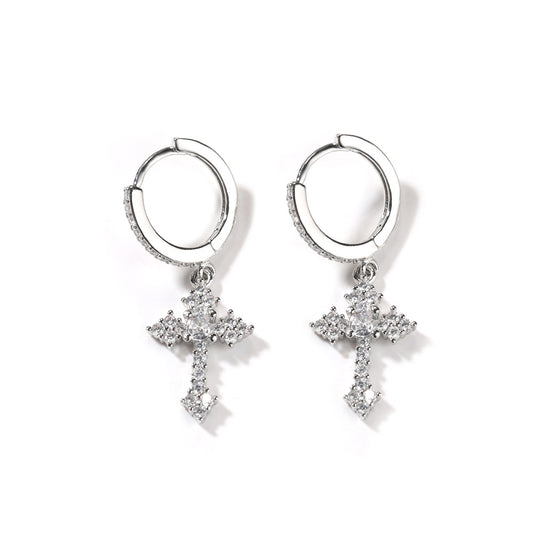 S925 silver cross stud earrings featuring sparkling zirconia pave, available in gold and silver finishes