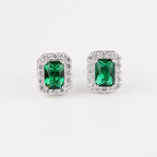 Square emerald green stud earrings with a sparkling zirconia halo pave, crafted in polished S925 sterling silver