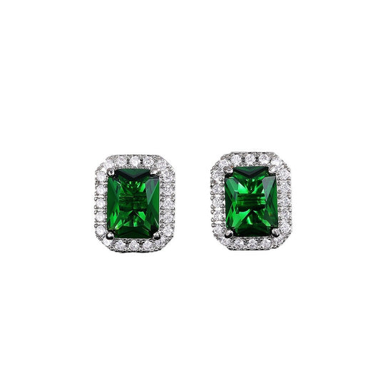 Square emerald green stud earrings with a sparkling zirconia halo pave, crafted in polished S925 sterling silver