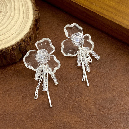 Silver S925 floral drop earrings featuring crystal-encrusted flower studs and elegant dangling tassel chains