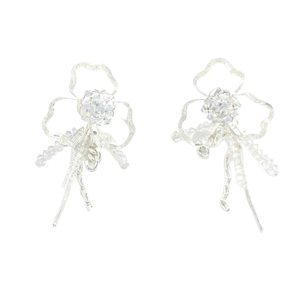 Silver S925 floral drop earrings featuring crystal-encrusted flower studs and elegant dangling tassel chains