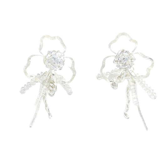 Silver S925 floral drop earrings featuring crystal-encrusted flower studs and elegant dangling tassel chains