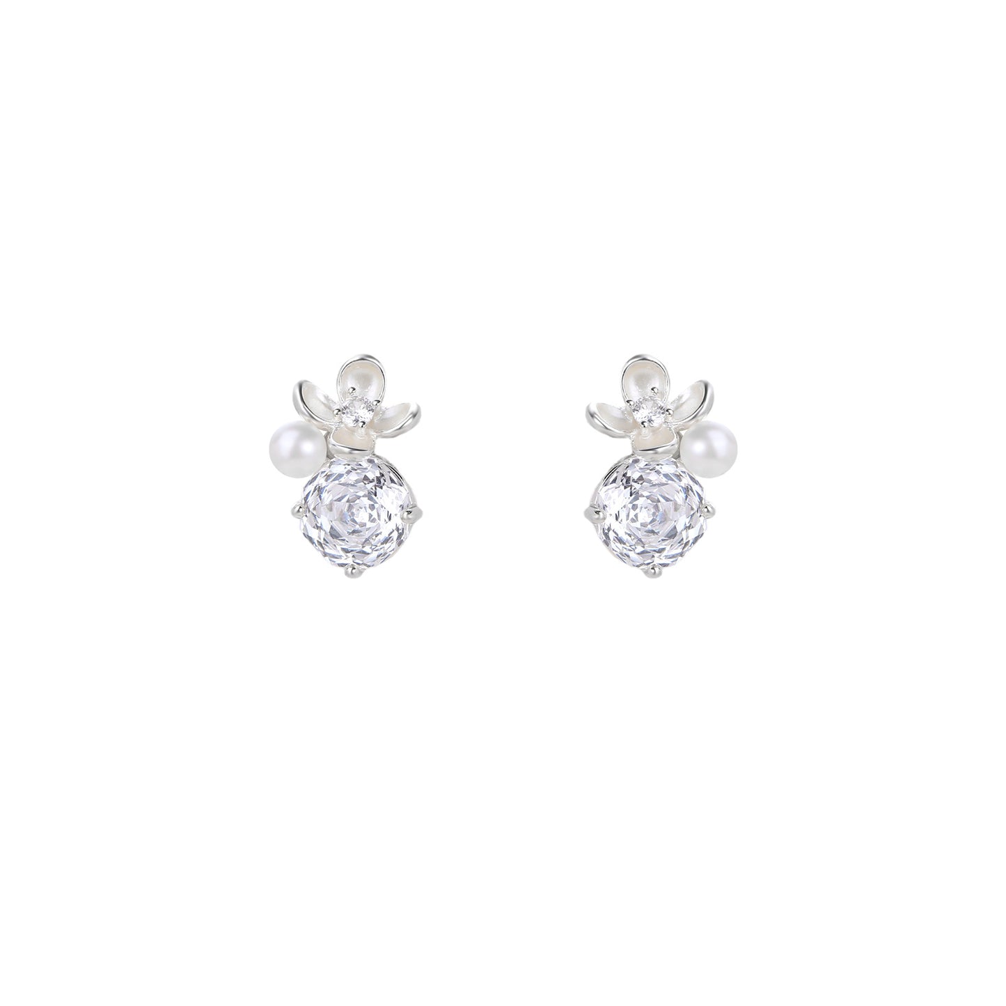S925 silver flower stud earrings with a sparkling zirconia center and a dangling lustrous white pearl