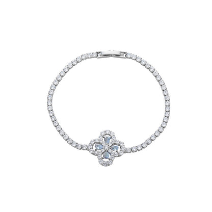 S925 sterling silver tennis bracelet with a four-leaf clover halo charm featuring sparkling cubic zirconia
