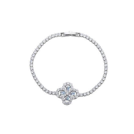 S925 sterling silver tennis bracelet with a four-leaf clover halo charm featuring sparkling cubic zirconia