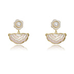 Gold S925 silver drop earrings featuring pink enamel studs and elegant dangling white pearls with a handmade finish