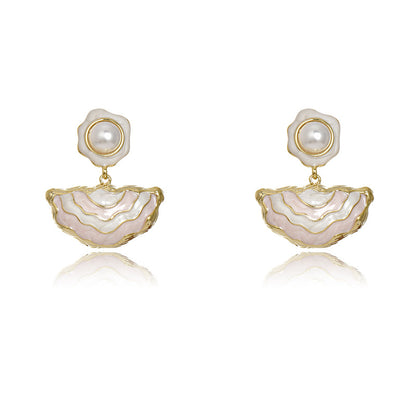 Gold S925 silver drop earrings featuring pink enamel studs and elegant dangling white pearls with a handmade finish